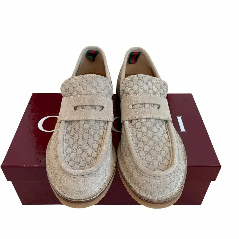 Gucci Web GG Monogram Suede Loafers Beige 831289 Mens 11.5 US 12 NEW